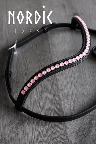 Kopfstück Nordic Horse metallische Steine pink, schwarzes Leder Größe COB